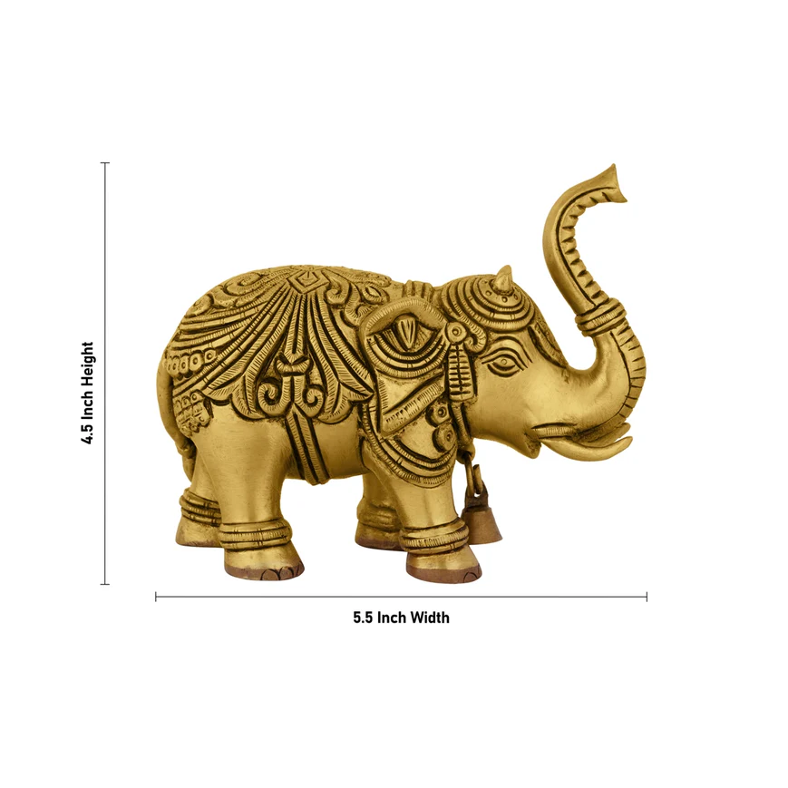 Trunk Up Elephant Statue - 4.5 x 5.5 Inches | Antique Brass Idol/ Elephant Idol for Home Decor - 2 PCS