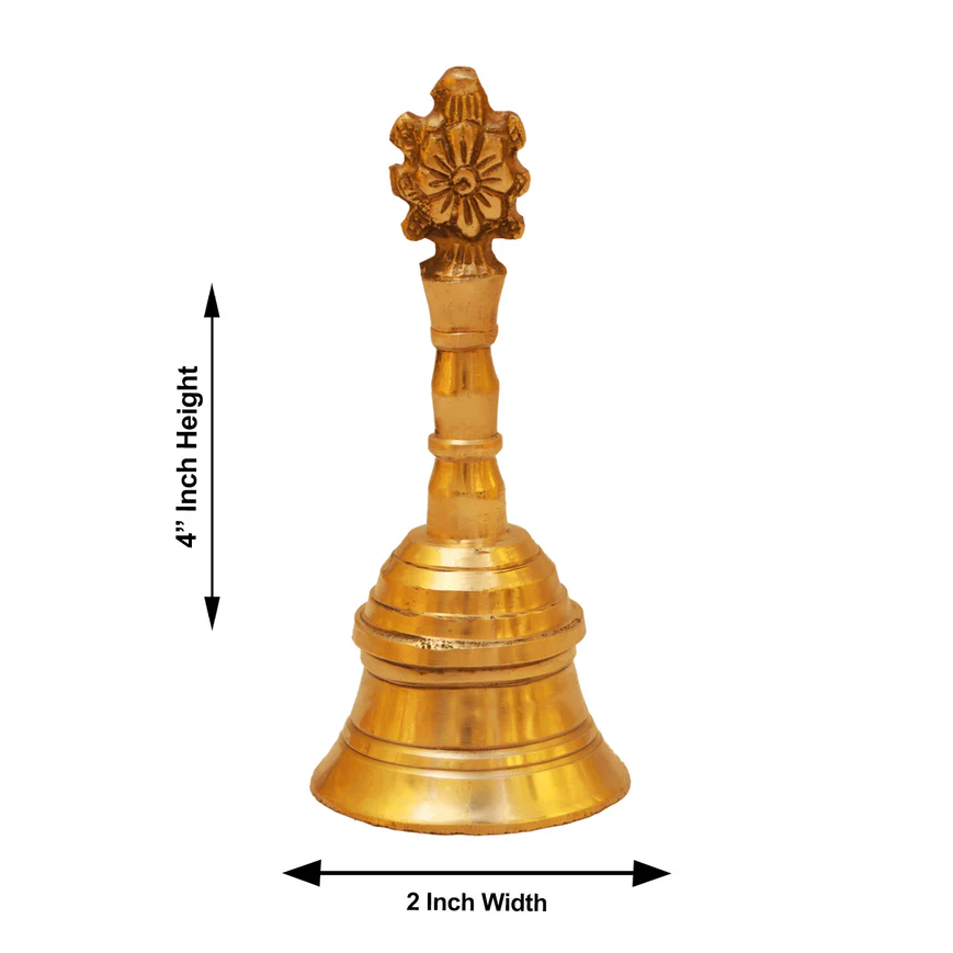 Hand Bell - 4 x 2 Inches | Puja Bell/ Brass Bell/ Shankh Chakra Handle Ghanti for Home