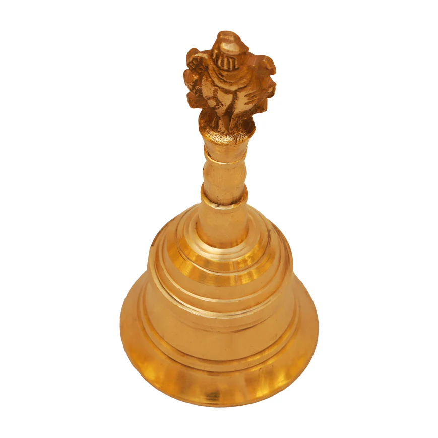 Hand Bell - 4 x 2 Inches | Puja Bell/ Brass Bell/ Shankh Chakra Handle Ghanti for Home