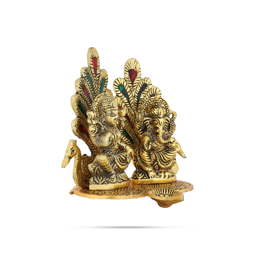 Lakshmi Ganesh Murti Sitting On Peacock Base With Deep - 5 x 5.5 Inches | Metal & Gold Polish Lamp for Home