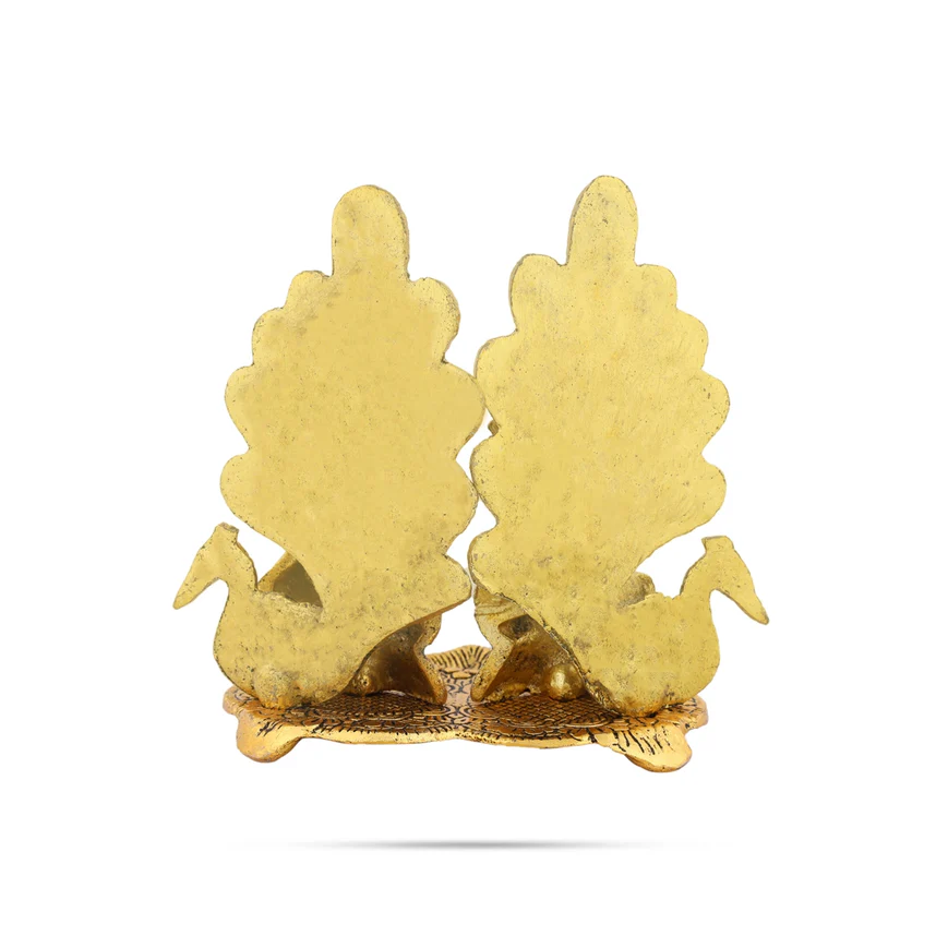 Lakshmi Ganesh Murti Sitting On Peacock Base With Deep - 5 x 5.5 Inches | Metal & Gold Polish Lamp for Home