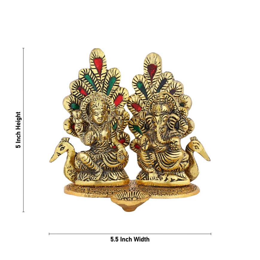 Lakshmi Ganesh Murti Sitting On Peacock Base With Deep - 5 x 5.5 Inches | Metal & Gold Polish Lamp for Home