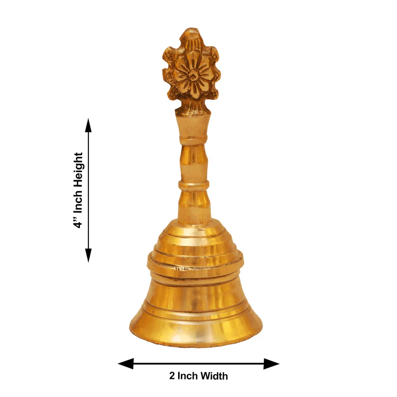 Hand Bell - 4 x 2 Inches | Puja Bell/ Brass Bell/ Shankh Chakra Handle Ghanti for Home