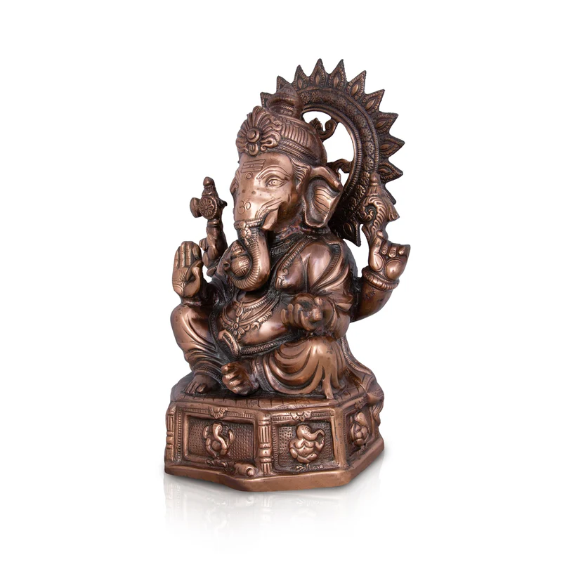 Ganesh Murti With Base - 17 x 12 Inches | Copper Oxidised Ganpati Idol/ Vinayaka Statue for Pooja/ 2.680 Kgs