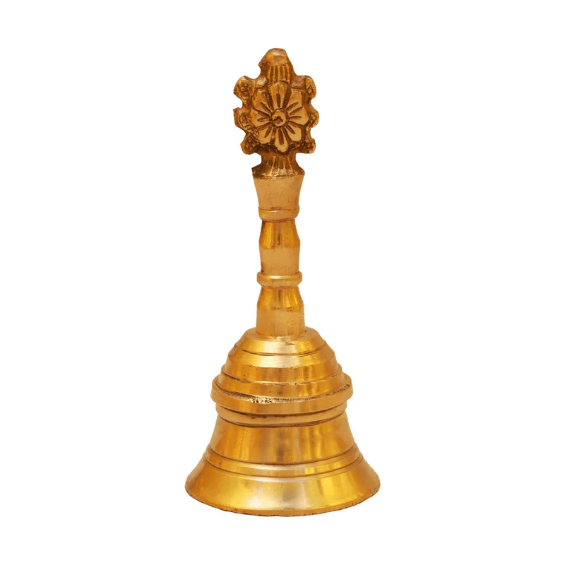 Hand Bell - 4 x 2 Inches | Puja Bell/ Brass Bell/ Shankh Chakra Handle Ghanti for Home