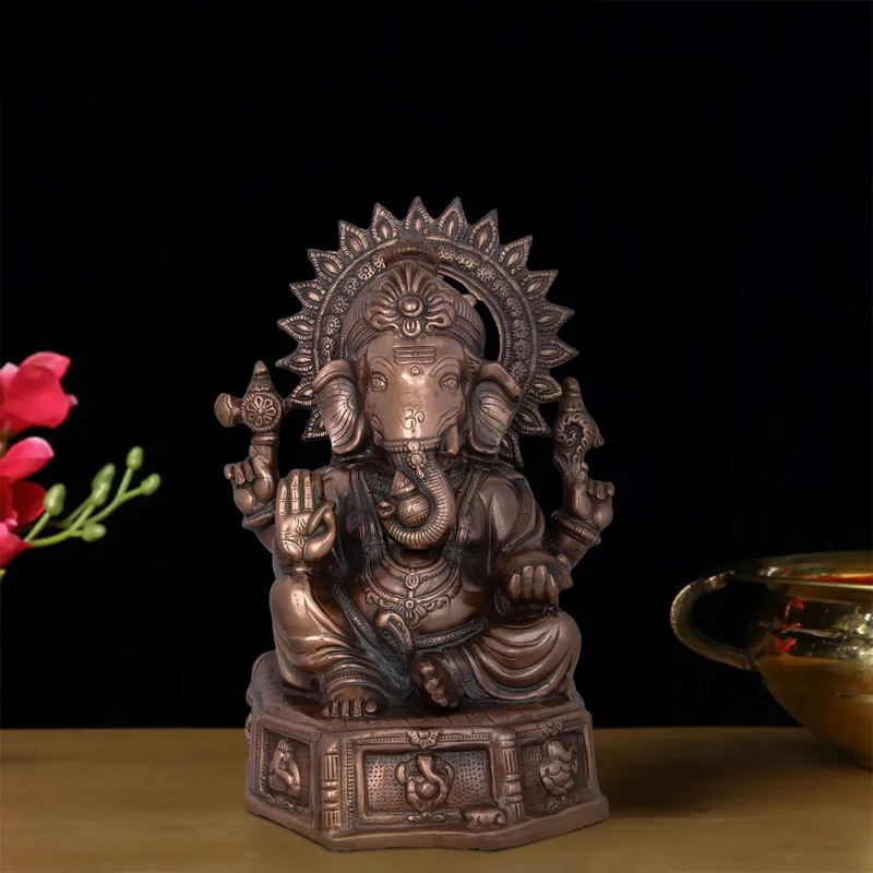 Ganesh Murti With Base - 17 x 12 Inches | Copper Oxidised Ganpati Idol/ Vinayaka Statue for Pooja/ 2.680 Kgs